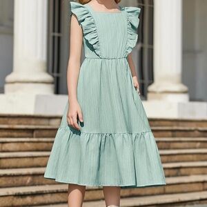 Girls Light Green Ruffle Sleeve Dress open back elastic waist Sz 14